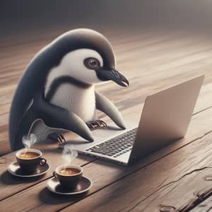 Friendly Penguin at Wooden Desk Typing on Laptop with Coffee Cups