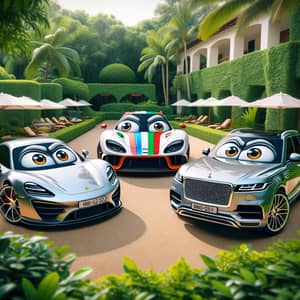 Luxury Vehicles Conversation - Surreal Scene with Cartoonish Cars