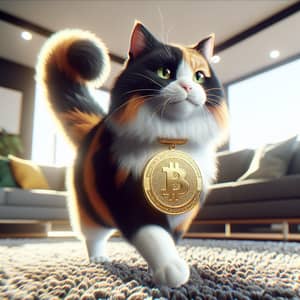 Fluffy Calico Cat with Bitcoin Medal in Modern Living Room