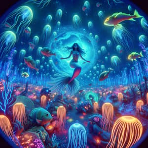 Surreal Underwater Scene with Hispanic Female Mermaid and Bioluminescent Creatures