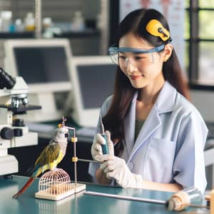 Asian Female Neuroscientist Studying Avian Neuroscience in Laboratory