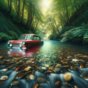 Vintage Red Car Half Submerged in Crystal Clear River