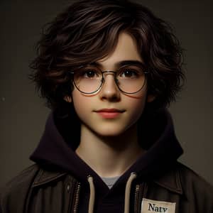 Charming Young Caucasian Boy in Dark Mode with Wavy Hair and Glasses