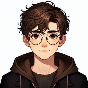 Charming Young Boy in Dark Mode Style with Circular Glasses and Wavy Hair