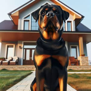 Majestic Rottweiler Sitting in Front of Welcoming House