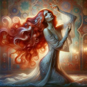 Enchanting Art Nouveau Style Portrait of Moroccan Woman with Radiant Red Hair