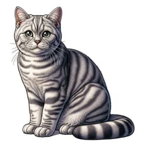 Detailed Illustration of Adult Domestic Cat | Gray Fur, Stripes, Green Eyes