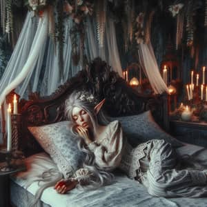 Enchanting Elf in Vintage Nightclothes on Unique Bed Frame