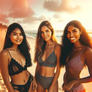 Diverse Women in Colorful Bikinis on Tropical Beach