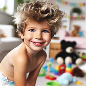 Cute 8-Year-Old Boy in Cheerful Home Playroom | Diaper Smile