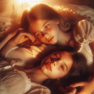 Romantic Teen Girls Embracing on Bed - Vintage Ethereal Moment