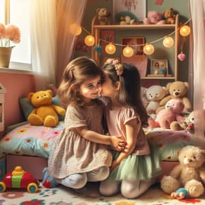 Tender Moment: Hispanic and Middle-Eastern Little Girls Sharing a Kiss in Colorful Bedroom