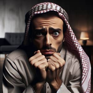 Middle-Eastern Man Expressing Anxiety in Dimly Lit Room