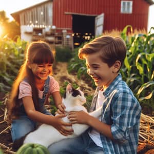 Children Playing with Cat in Sunny Farm Setting