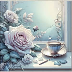 Pastel Rose and Coffee by Window | Digital Painting