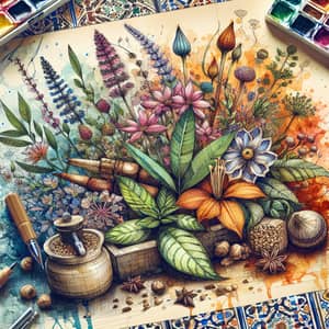 Moroccan Medicinal and Aromatic Plants: Vibrant Mixed Media Painting