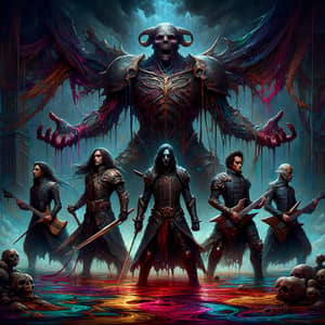 Dark Gothic Fantasy Album Cover with Metal Musicians Facing Villain
