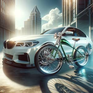Shiny White Car & Green Bike in Urban Setting | Website
