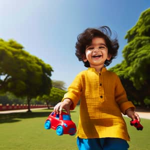 Cheerful South Asian Child Playing with Red Toy Car in Park