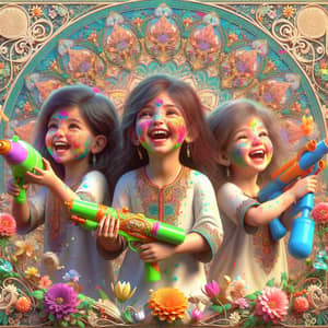 3D Artwork of Three South Asian Girls Playing Holi Festival of Colors