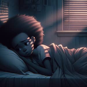 Melancholic African Descent Girl Waking Up in Gloomy Bedroom