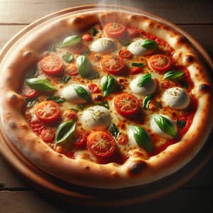 Delicious Freshly Baked Pizza with Mozzarella Cheese and Basil Leaves