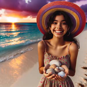 Tranquil Beach Sunset: Happy Hispanic Girl with Seashells
