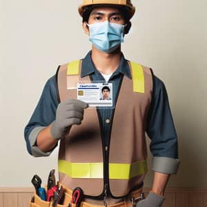 South Asian Construction Worker: Securely Holding Identification Card