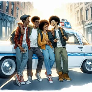 Watercolor Painting of African American Teenagers by Taxi Cab