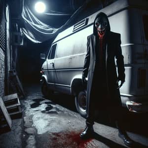 Ominous Vampire Stands by White Van in Dim Lit Alleyway