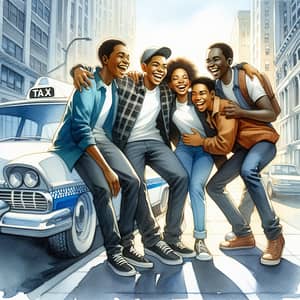 Heartwarming Watercolor Painting of Four Black Teenagers Sharing Joy