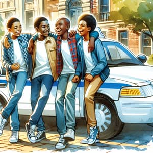 Heartwarming Watercolor Painting of African American Teenagers by White and Blue Taxi Cab