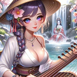 Unique Asian Beauty with Guzheng, Waterfall, and Goddess