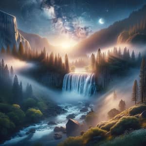 Stunning 8K Landscape Image: Waterfall Under Starry Sky in Spring