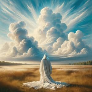 Ethereal White Robed Figure in Open Field