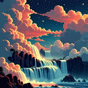 Waterfall at Night with Beautiful Puffy Clouds