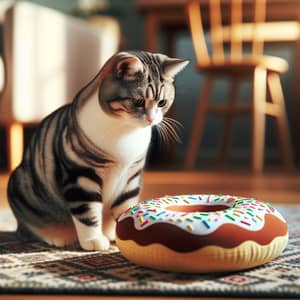 Playful Cat Investigating Colorful Donut on Patterned Rug
