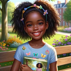 Joyful 9-Year-Old Black Girl Portrait | Playful Ponytail & Storybook