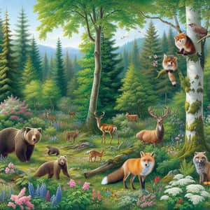 Enchanting Forest Oil Painting with Diverse Flora and Fauna