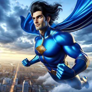 Caucasian Male Superhero in Vibrant Blue Costume Soaring High in the Sky
