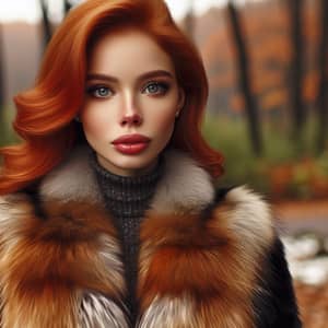 Red-Haired Woman in Fur Coat - Forest Background