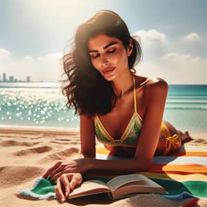 Stylish Middle-Eastern Woman Enjoying Serene Beach Day in Yellow Green Bikini