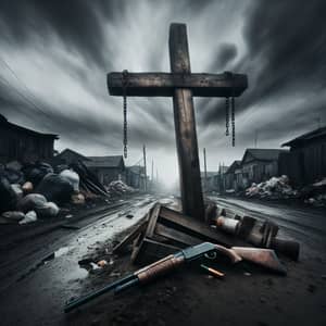 Eerie Scene of Wooden Cross and Shotgun in Desolate Neighborhood