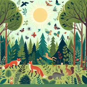 Enchanting Forest Illustration with Wildlife and Birds