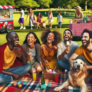 Joyful Scene in Diverse Park: Laughter and Ice Cream Galore