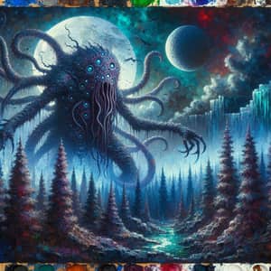 Fantastical Monster Painting in Dark Forest Setting