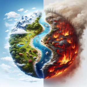 Earth's Duality: Peaceful vs. Burning - A Visual Contrast