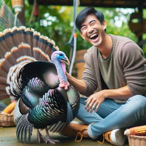 Asian Man Enjoying Time with Colorful Turkey Outdoors