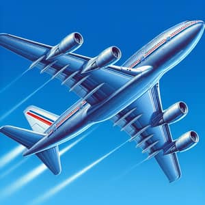 Detailed Depiction of Silver Airplane Soaring in Bright Blue Sky