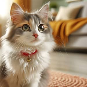 Adorable Fluffy Domestic Cat with Red Collar | Cozy Indoor Scene